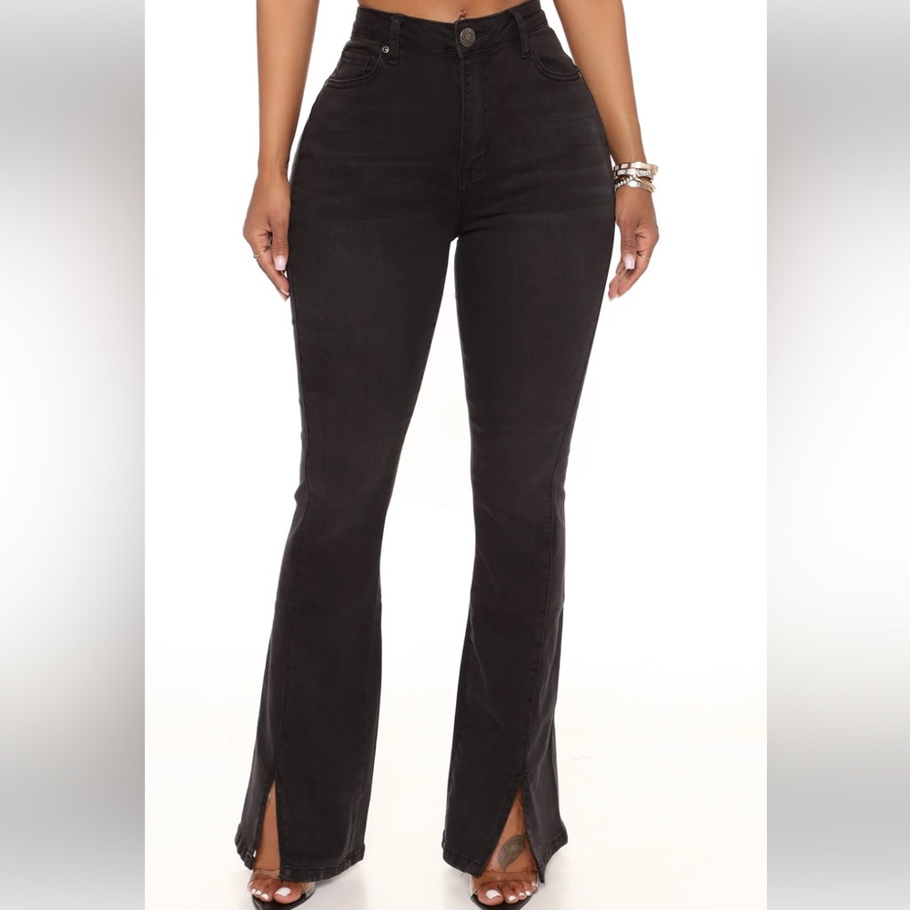 Fashion nova black bell bottom jeans with front slits